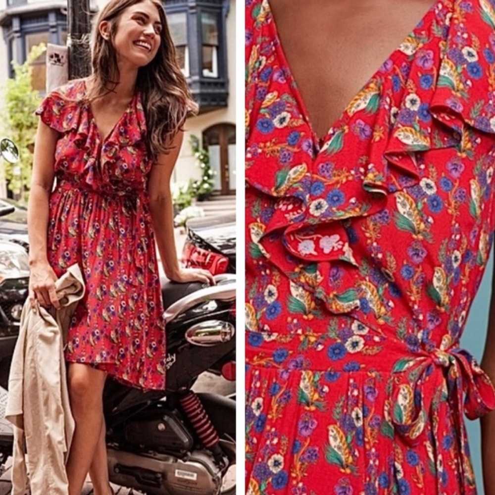 Maeve Rosalia red Floral Faux Wrap Dress size 14